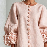 Pink Mini Dress with Floral Buttons and Rose-Shaped Cuffs — view 6