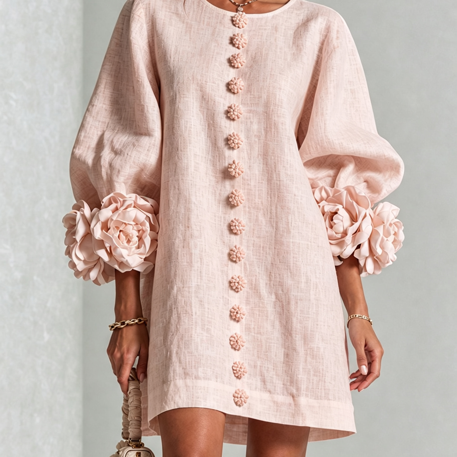 White Floral Mini Dress with Decorated Cuffs — view 2