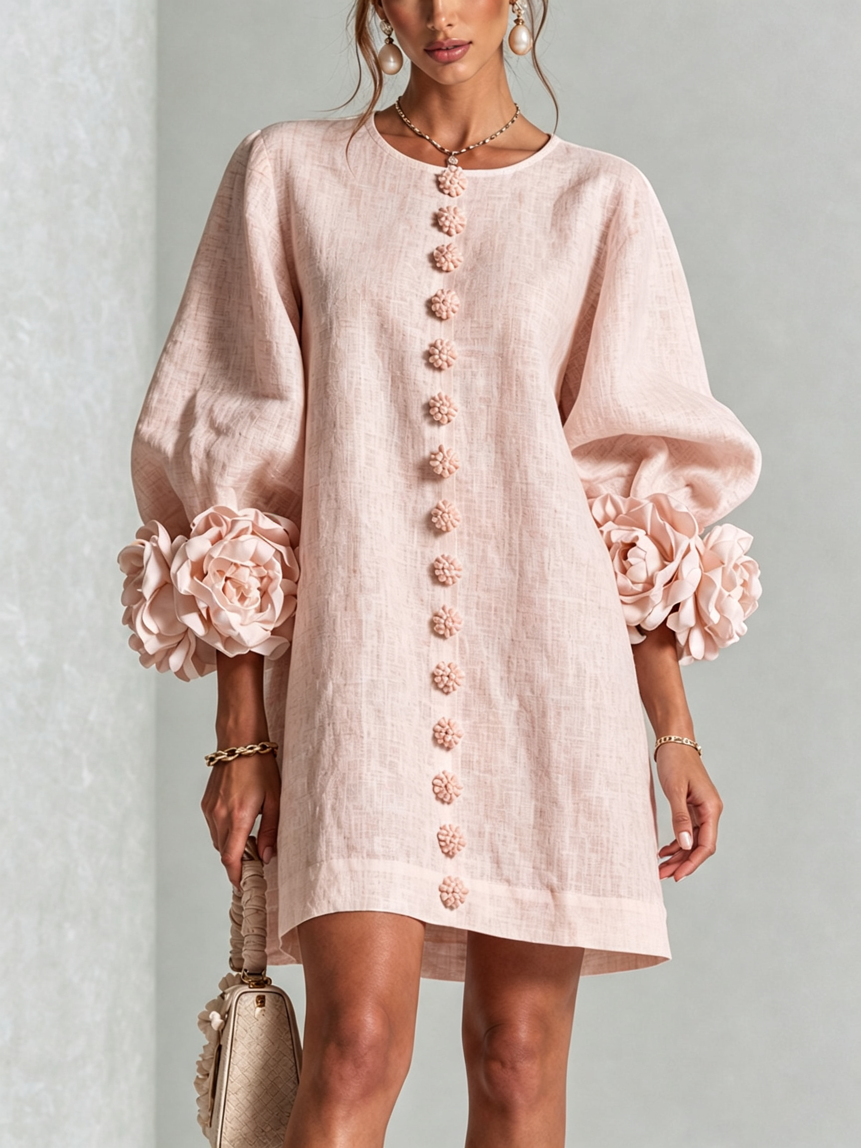 White Floral Mini Dress with Decorated Cuffs — view 2