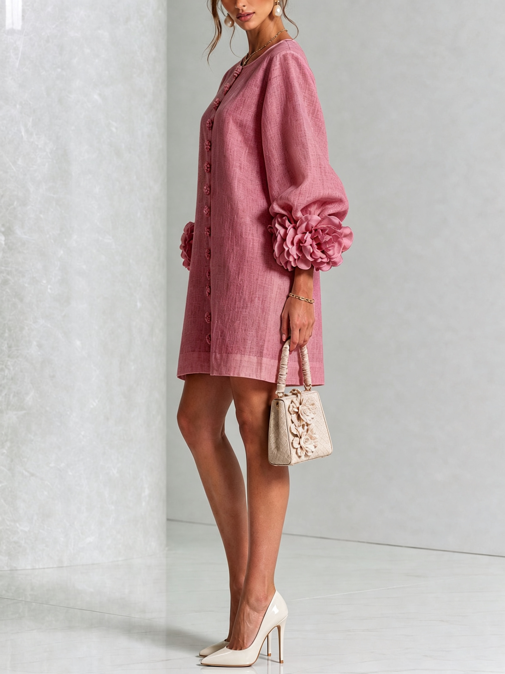 Retro Mini Dress with Floral Buttons and Striking Cuffs — view 3