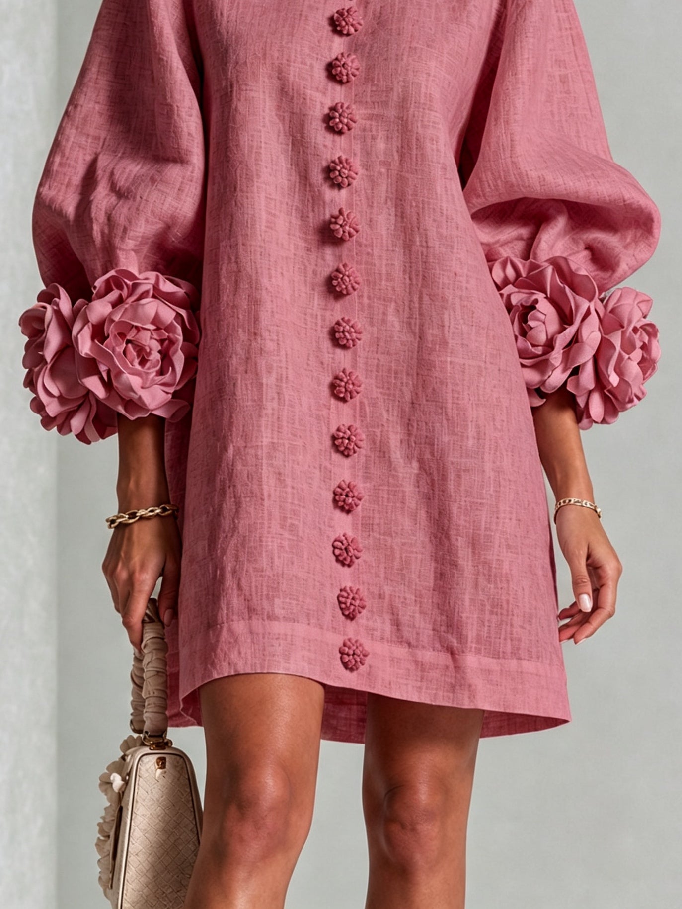 Retro Mini Dress with Floral Buttons and Striking Cuffs — view 6