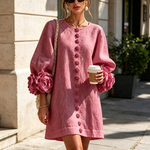 Retro Mini Dress with Floral Buttons and Striking Cuffs — view 5