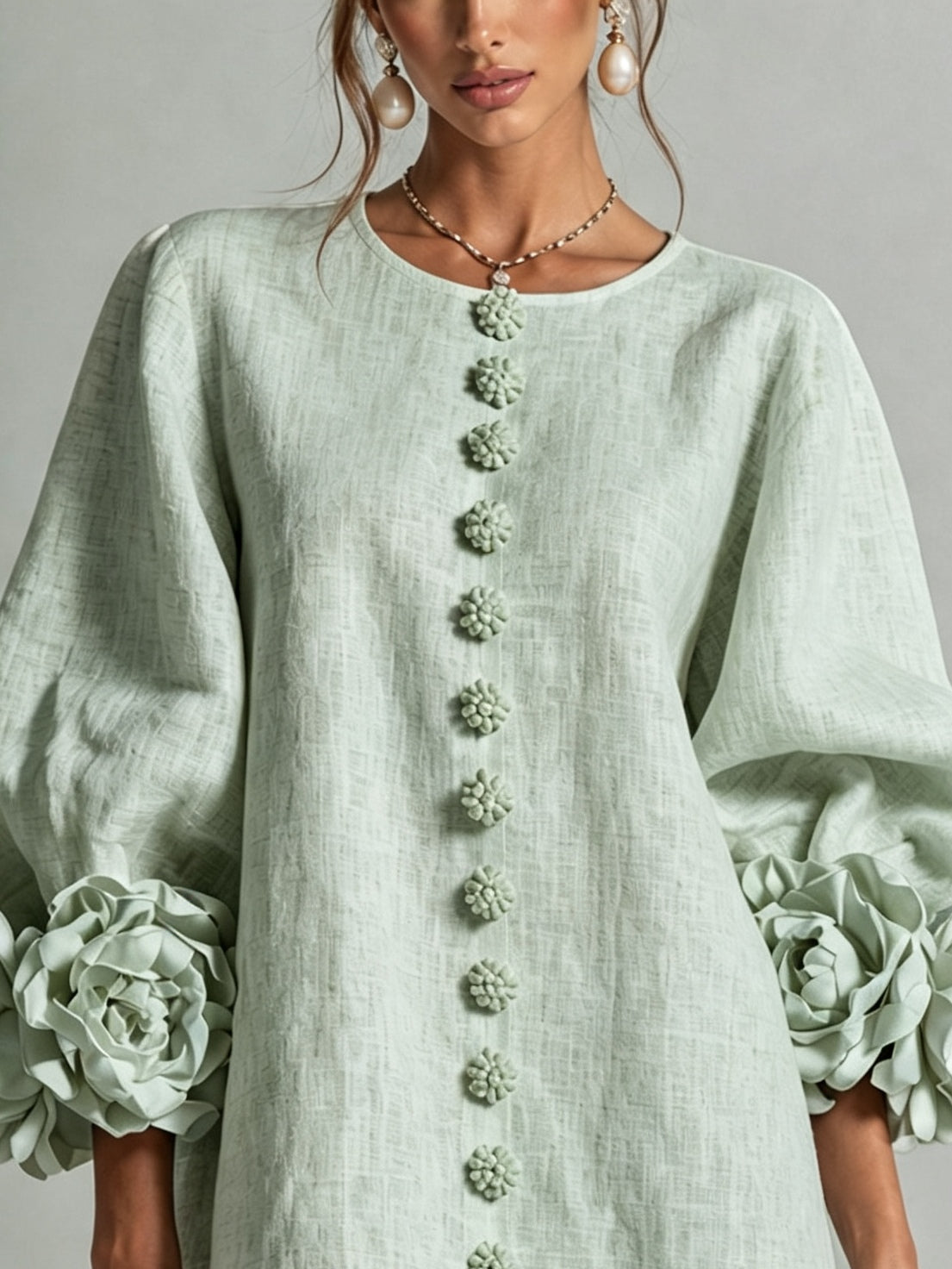 Sage Green Mini Dress with Floral Buttons and Flower Cuffs