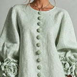 Sage Green Mini Dress with Floral Buttons and Flower Cuffs