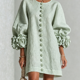 Sage Green Mini Dress with Floral Buttons and Flower Cuffs — view 2