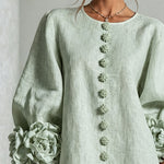 Sage Green Mini Dress with Floral Buttons and Flower Cuffs — view 6