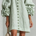 Sage Green Mini Dress with Floral Buttons and Flower Cuffs — view 7