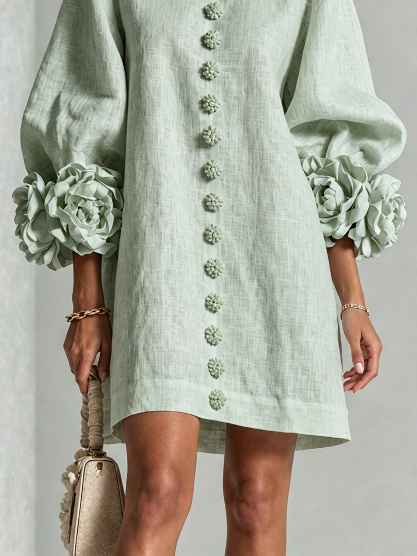 Sage Green Mini Dress with Floral Buttons and Flower Cuffs — view 7