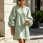 Sage Green Mini Dress with Floral Buttons and Flower Cuffs — view 5