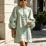 Sage Green Mini Dress with Floral Buttons and Flower Cuffs — view 5