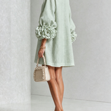 Sage Green Mini Dress with Floral Buttons and Flower Cuffs — view 4