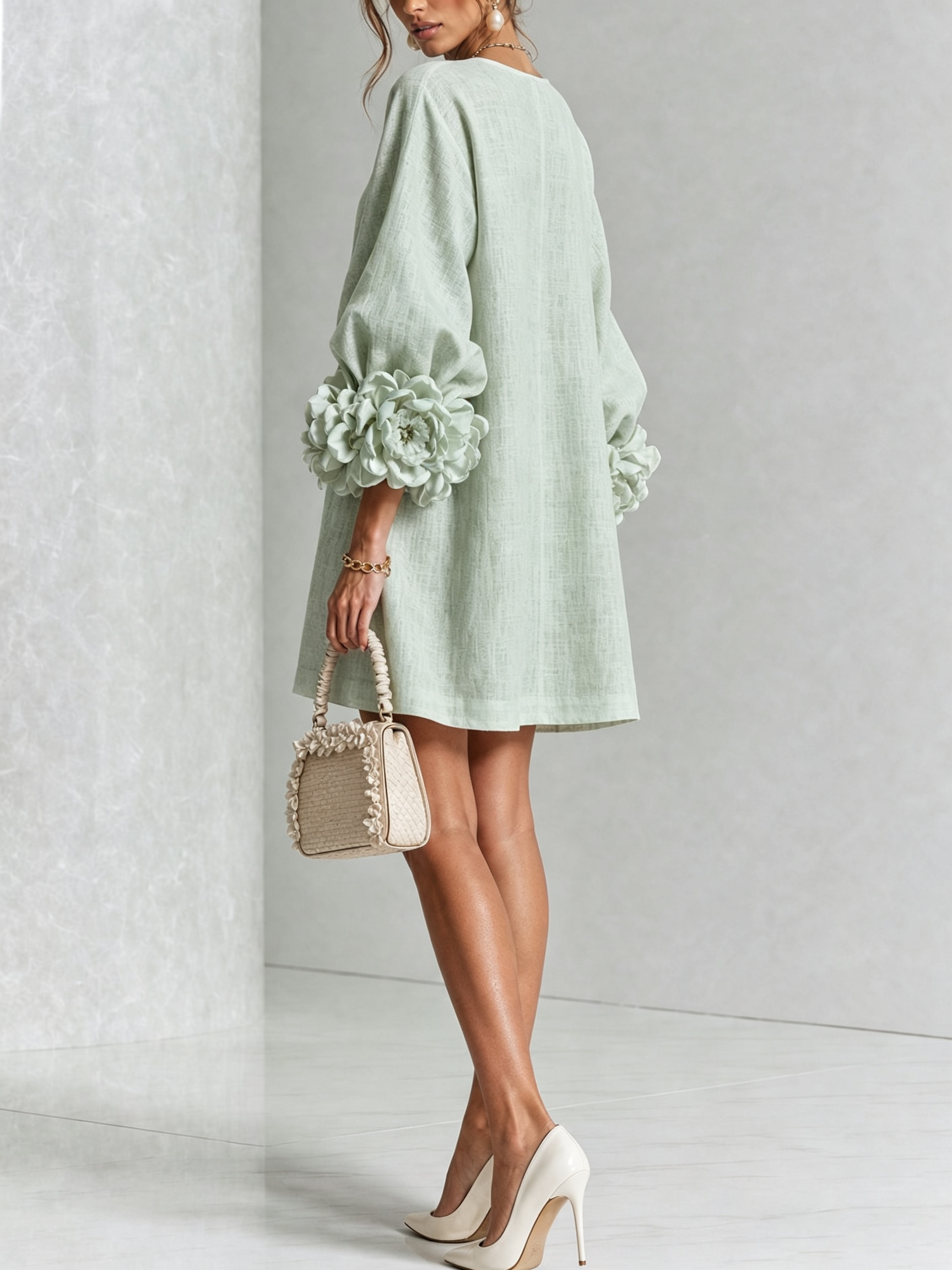 Sage Green Mini Dress with Floral Buttons and Flower Cuffs — view 4
