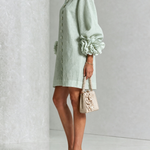 Sage Green Mini Dress with Floral Buttons and Flower Cuffs — view 3