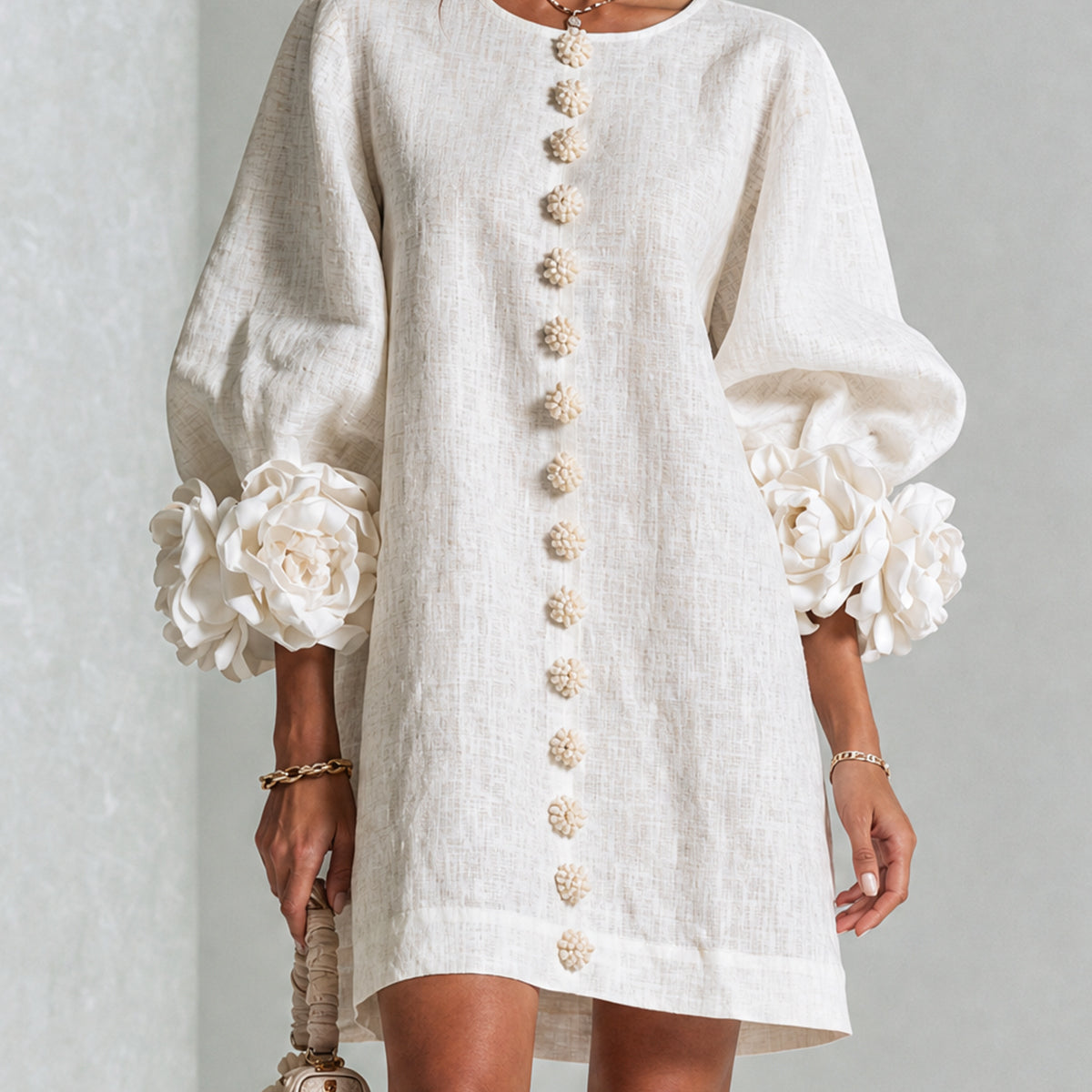 White Floral Mini Dress with Decorated Cuffs