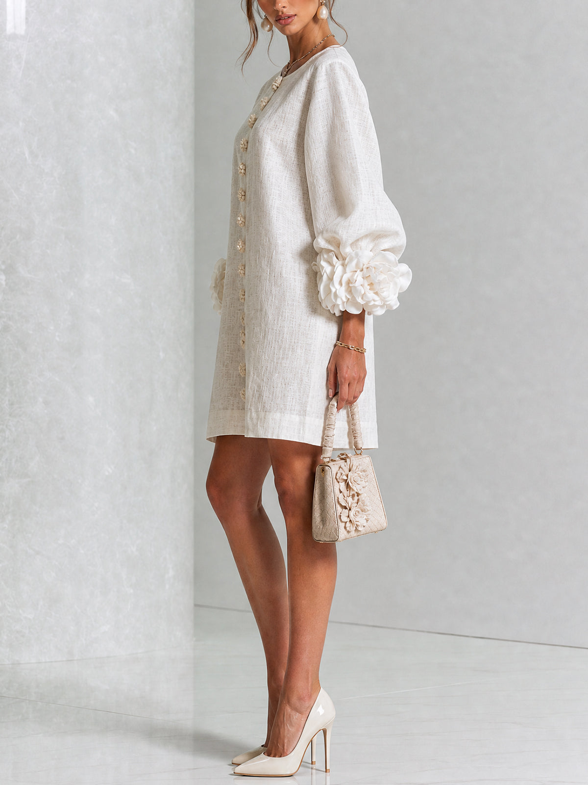 White Floral Mini Dress with Decorated Cuffs — view 13