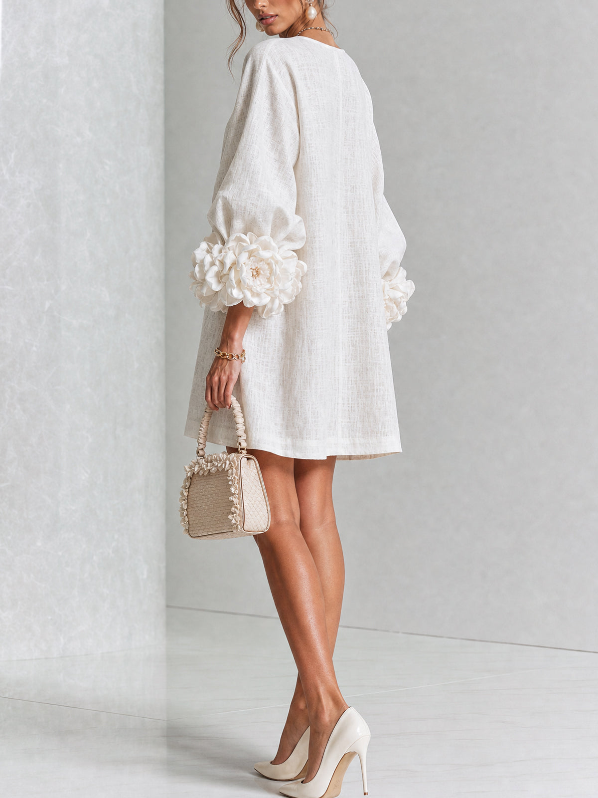 White Floral Mini Dress with Decorated Cuffs — view 14