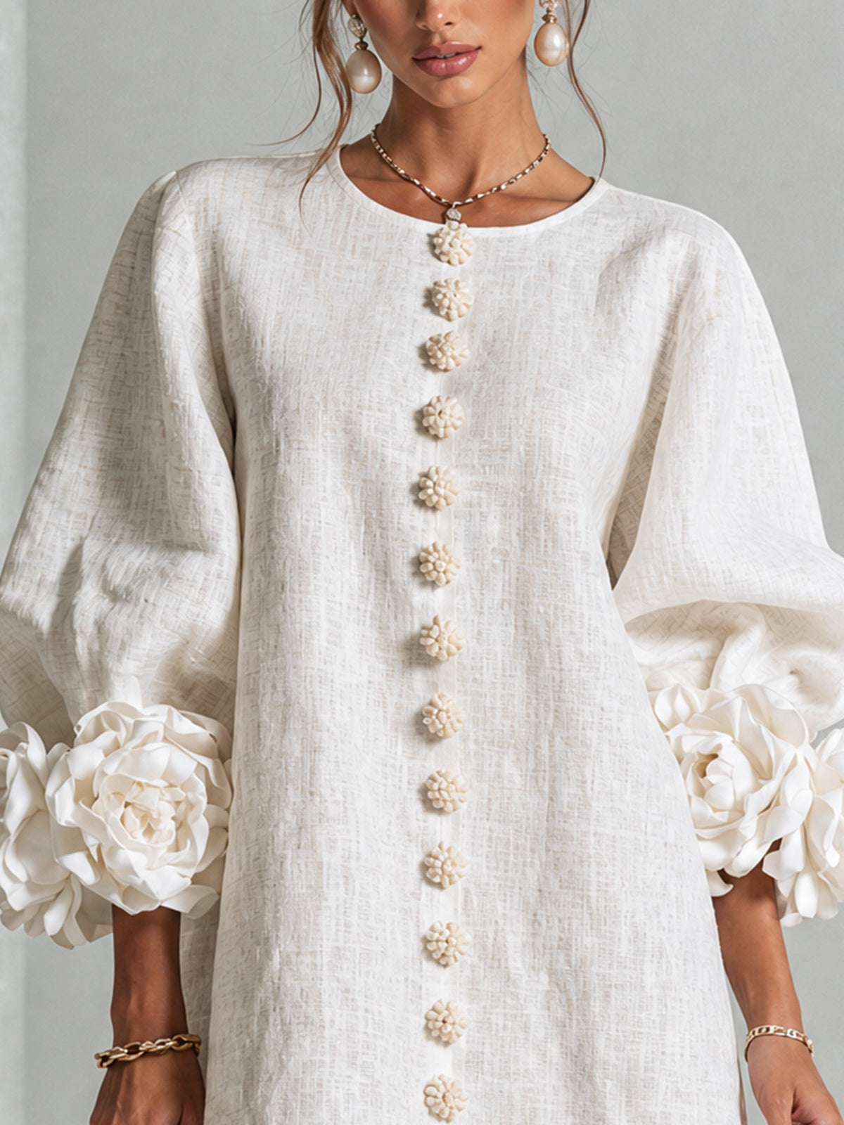 White Floral Mini Dress with Decorated Cuffs — view 16