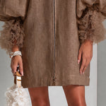 Brown Mini Dress with Balloon Sleeves and Front Zip — view 8