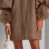 Brown Mini Dress with Balloon Sleeves and Front Zip — view 8