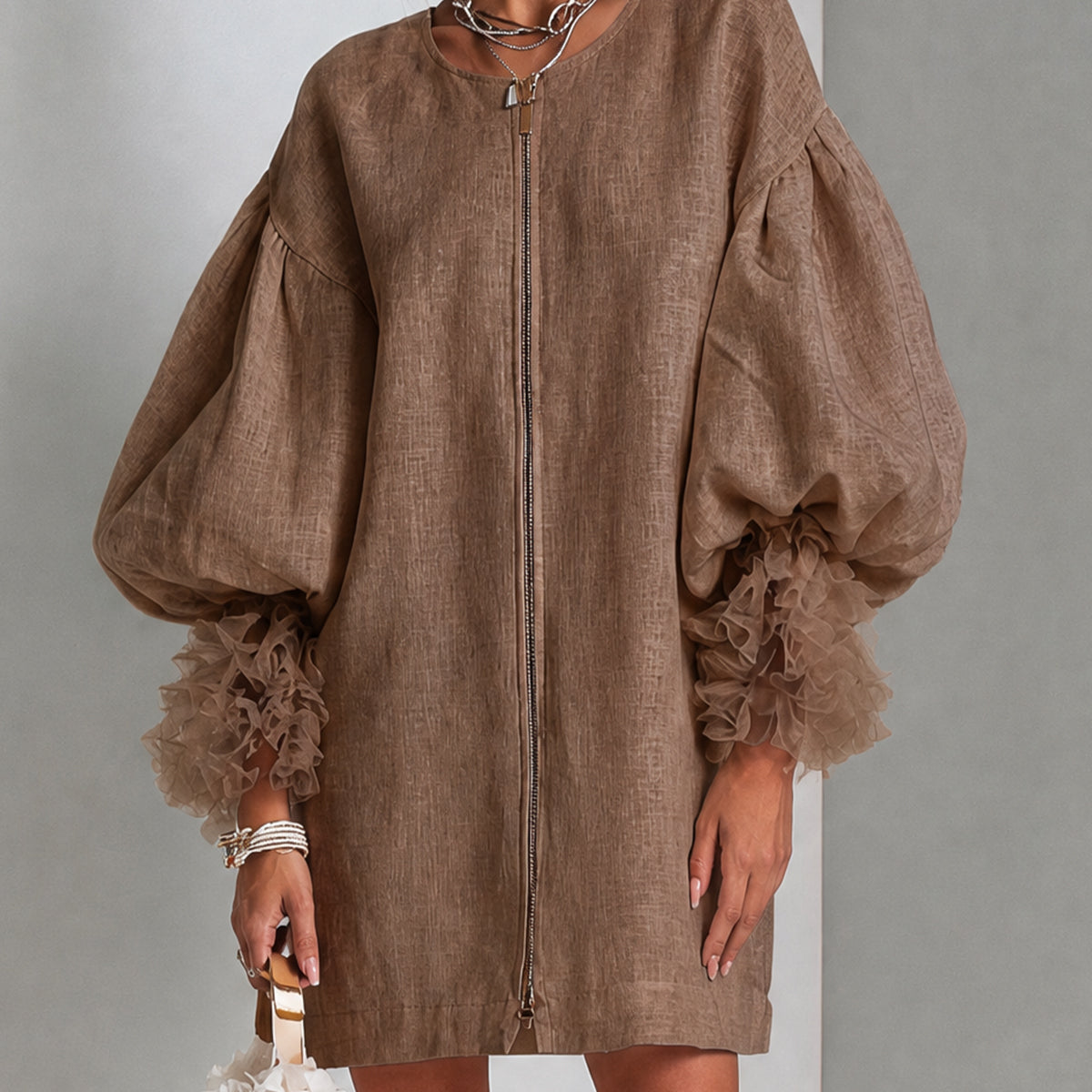 Brown Mini Dress with Balloon Sleeves and Front Zip — view 2