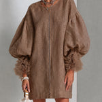 Brown Mini Dress with Balloon Sleeves and Front Zip — view 2
