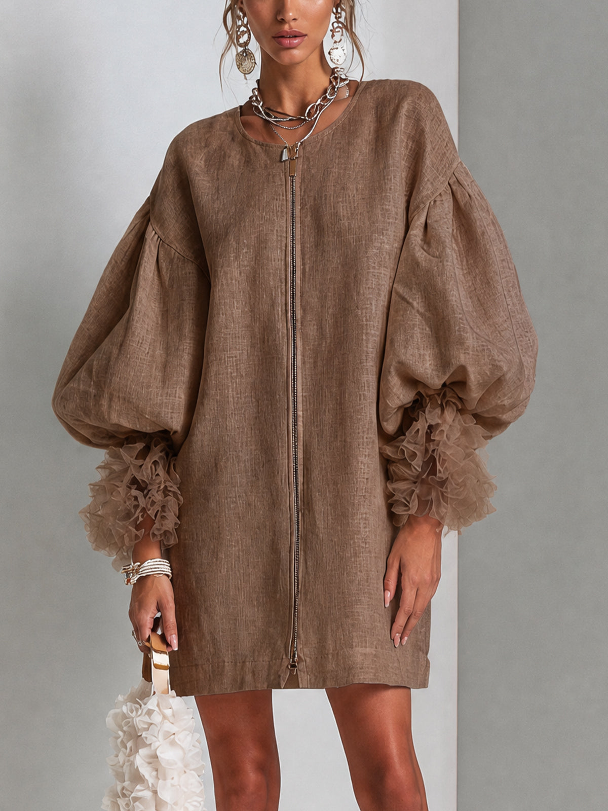 Brown Mini Dress with Balloon Sleeves and Front Zip — view 2