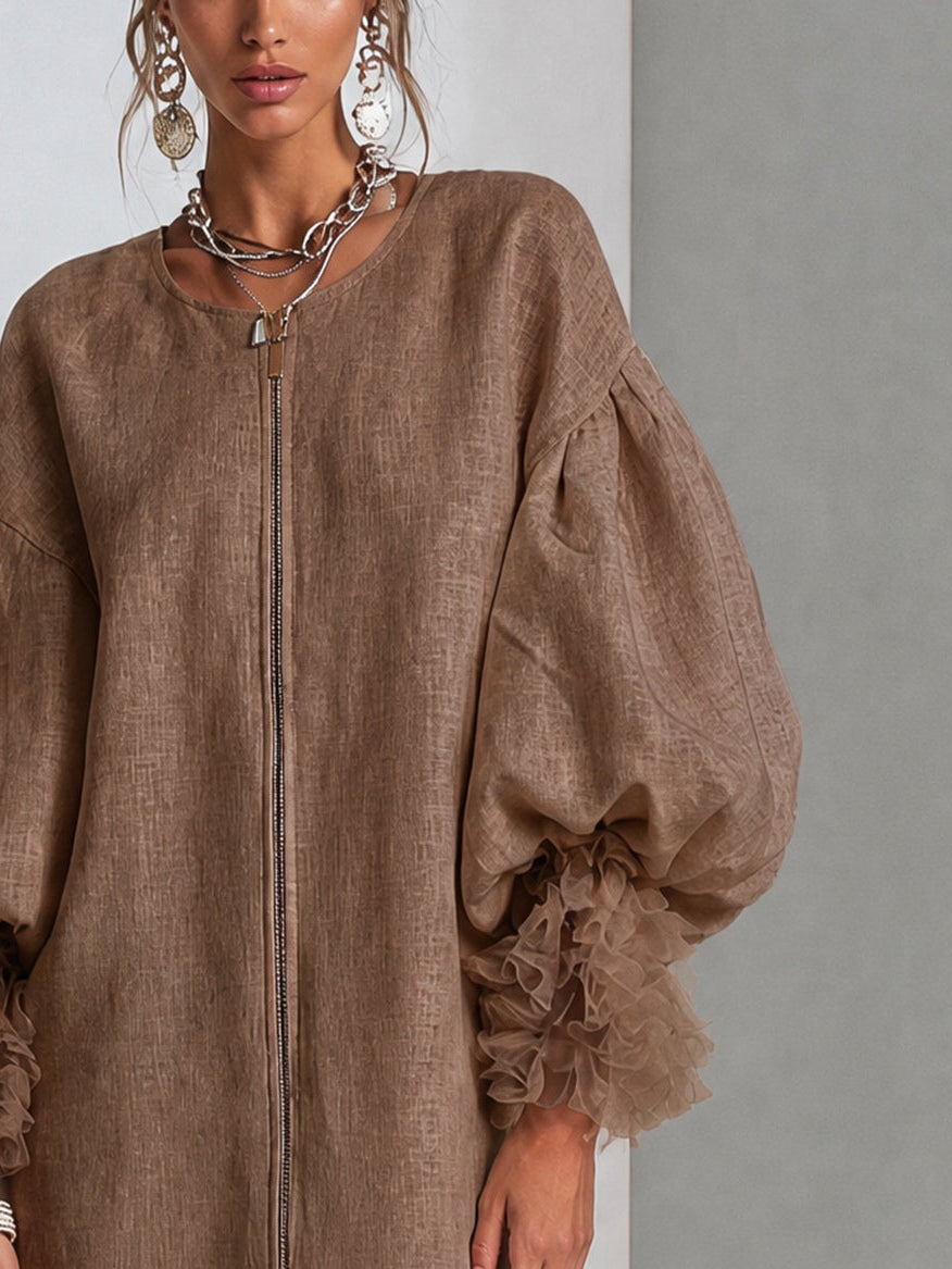 Brown Mini Dress with Balloon Sleeves and Front Zip