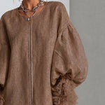 Brown Mini Dress with Balloon Sleeves and Front Zip