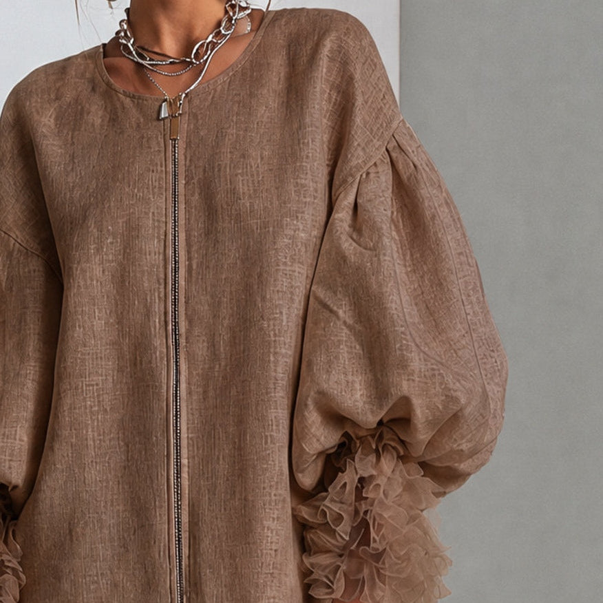 Brown Mini Dress with Balloon Sleeves and Front Zip