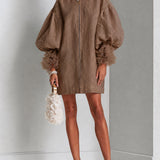 Brown Mini Dress with Balloon Sleeves and Front Zip — view 5
