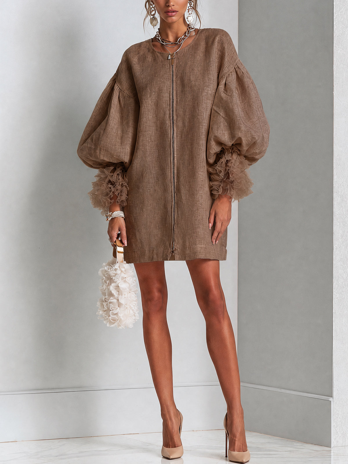 Brown Mini Dress with Balloon Sleeves and Front Zip — view 5