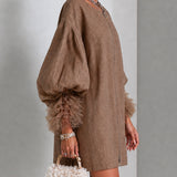 Brown Mini Dress with Balloon Sleeves and Front Zip — view 3