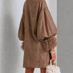 Brown Mini Dress with Balloon Sleeves and Front Zip — view 4