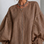 Brown Mini Dress with Balloon Sleeves and Front Zip — view 7