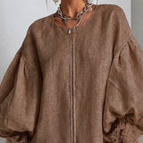 Brown Mini Dress with Balloon Sleeves and Front Zip — view 7