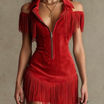 Peacock Blue Fitted Mini Dress with Zip and Fringing — view 2