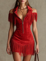 Peacock Blue Fitted Mini Dress with Zip and Fringing — view 2