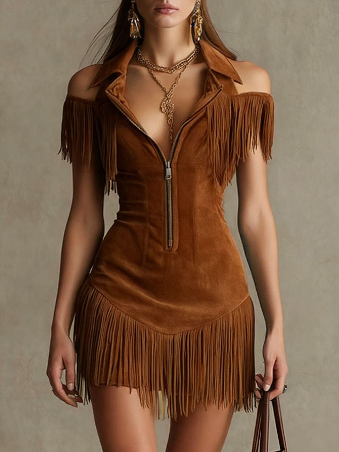 Peacock Blue Fitted Mini Dress with Zip and Fringing — view 3