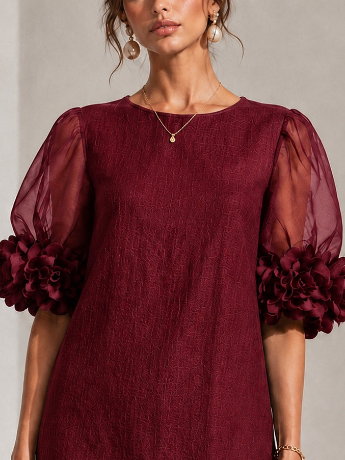 Burgundy Organza Mini Dress with Puffed Sleeves