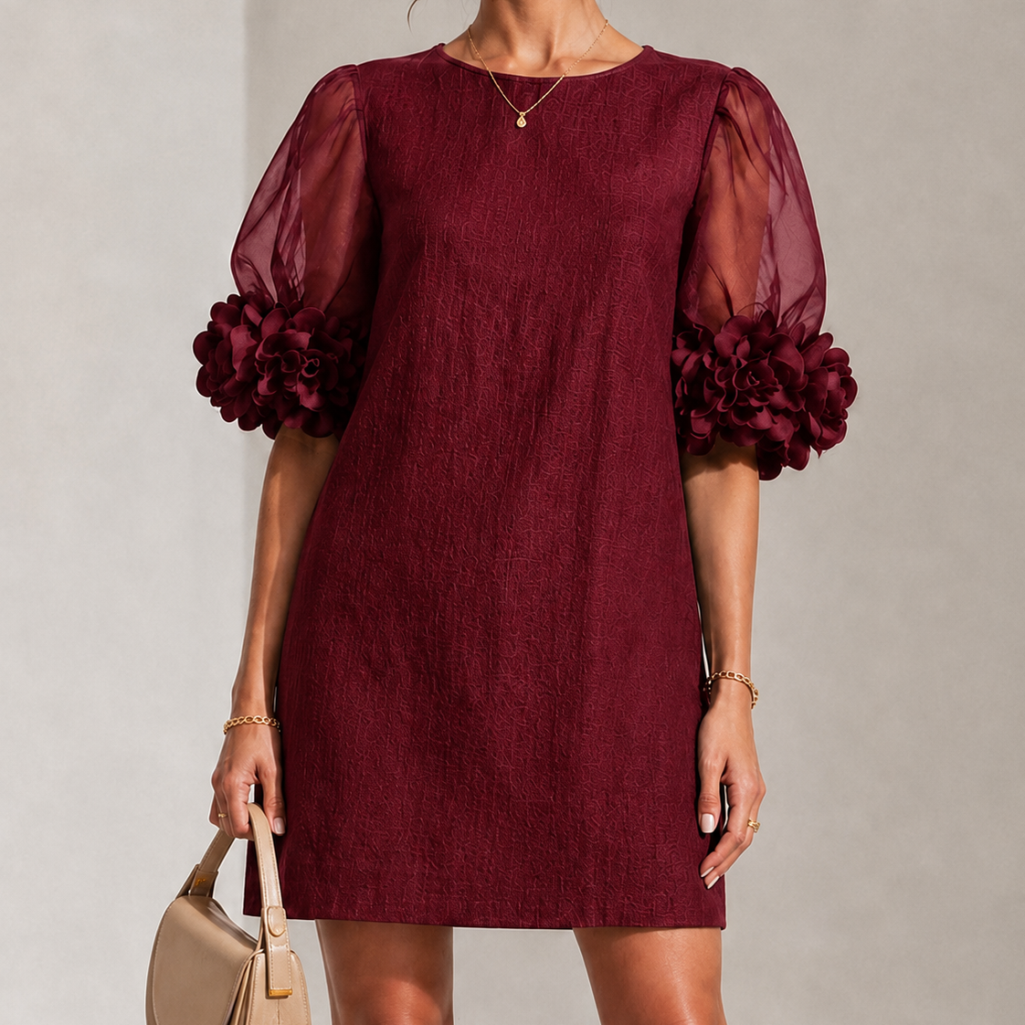 Burgundy Organza Mini Dress with Puffed Sleeves — view 2
