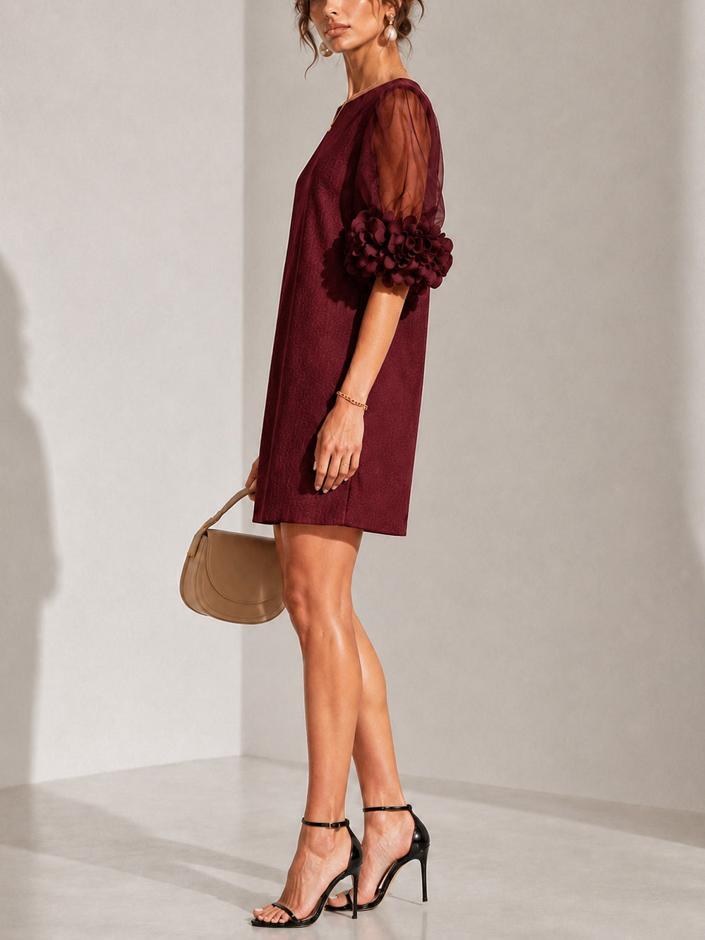 Burgundy Organza Mini Dress with Puffed Sleeves — view 3