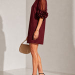 Burgundy Organza Mini Dress with Puffed Sleeves — view 3