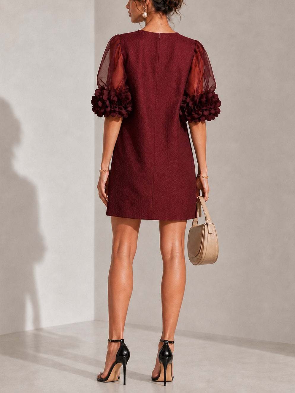 Burgundy Organza Mini Dress with Puffed Sleeves — view 4