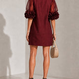 Burgundy Organza Mini Dress with Puffed Sleeves — view 4