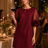 Burgundy Organza Mini Dress with Puffed Sleeves — view 5