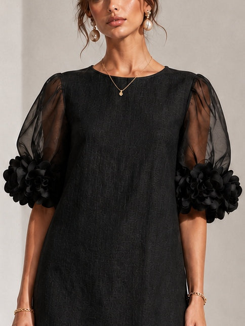 Black Organza Mini Dress with Puffed Sleeves