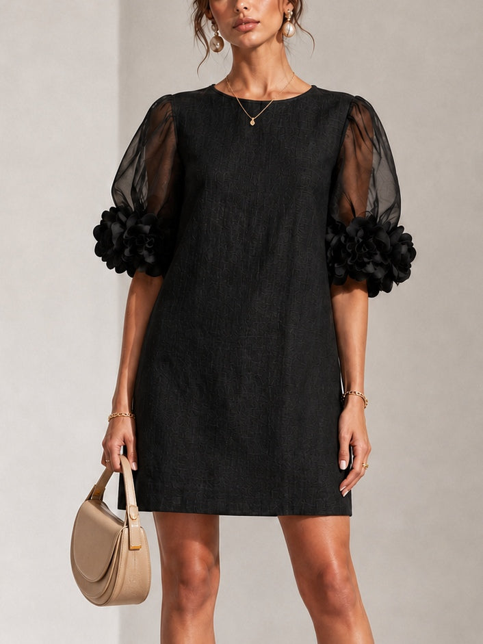 Black Organza Mini Dress with Puffed Sleeves — view 2