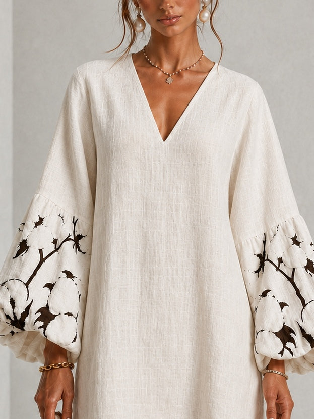 Mini Dress with V-Neck, Puff Sleeves and Floral Print