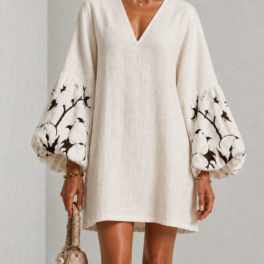 Mini Dress with V-Neck, Puff Sleeves and Floral Print — view 2