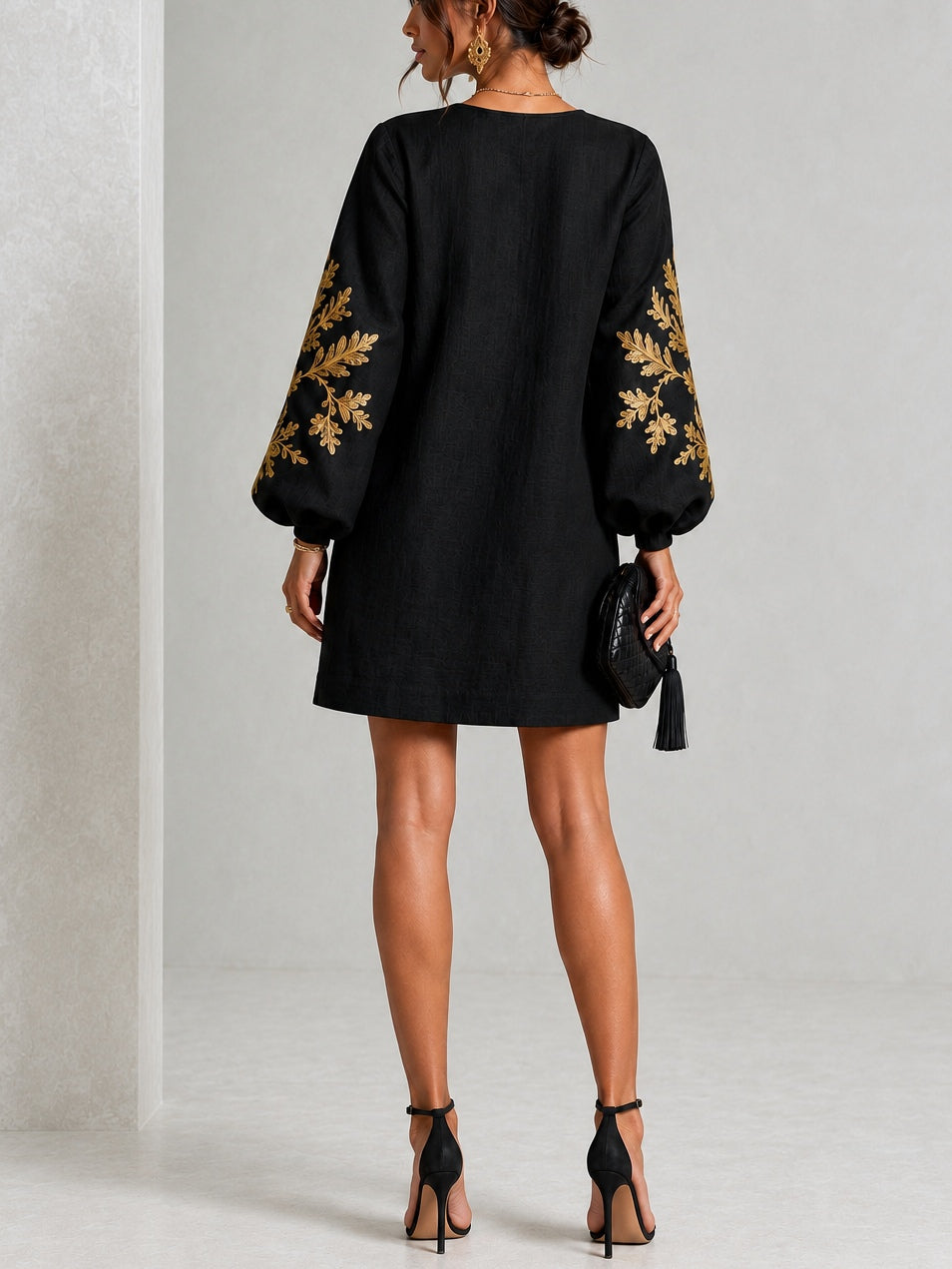 Black Mini Dress with Lantern Sleeves and Gold Pattern — view 4